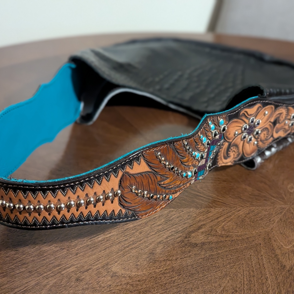 Embroidered Leather Belt with Turquoise Accents